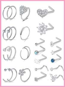 46/8件套多款式20G鼻环耳钉，医用钢材质，镶嵌闪亮锆石花朵，女士鼻环，直型、弯型、L型鼻环，7毫米。多种鼻环套装包含心形、蝴蝶、花朵等款式。 - 多顏色 - 查看 18