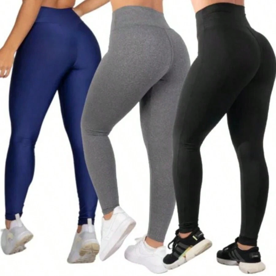 Kit 3 Calças Legging Suplex Femininas Preto Cinza e Azul Academia Treino