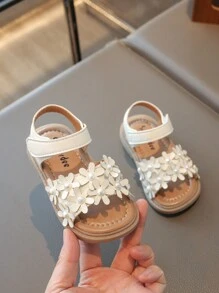 1 para dziewczęcych sandałów PU Pearl Hook & Loop Strap Flat Cute, odpowiednich na lato