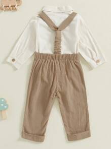 Conjuntos de ropa de otoño e invierno para bebés varones, mono de manga larga con solapa y botones, conjuntos de pantalones con tirantes de color liso - Caqui - Ver 2