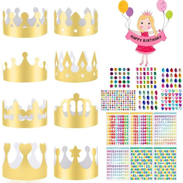 تيجان ورقية ذهبية ، 8 قطع من التيجان الملكية الذهبية المصنوعة من الكرتون بأحجار كريمة لاصقة وملصقات ، قبعة تاج دي آي واي ذهبية للحفلات لحفل عيد ميلاد الأميرة