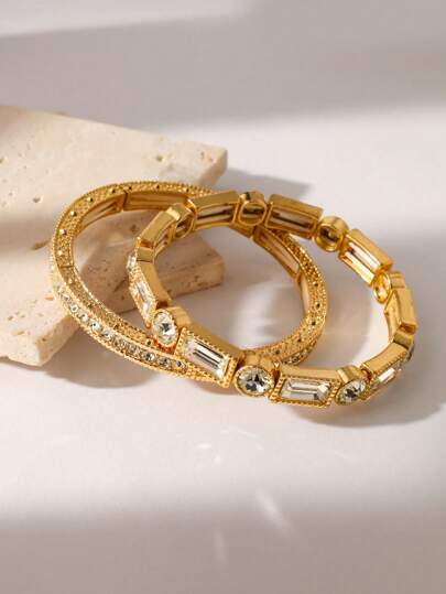 2pcs/Set Luxury Rhinestone Encrusted Elastic Zinc Alloy Bangle, Jewelry For Anniversary/Wedding, Suitable For Party Wearing
