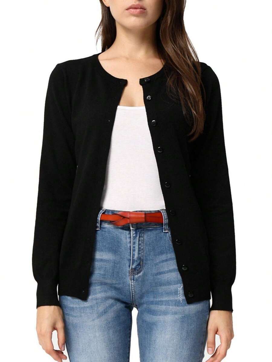 KAHULE Women's Crew Neck Button Down Long Sleeve Cardigan For Women Classic Soft Ladies Cardigan Sweater Coat