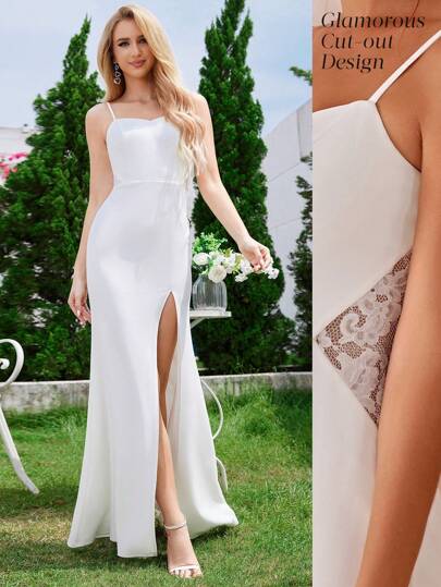 细肩带蕾丝拼布侧开叉鱼尾新娘礼服，婚纱