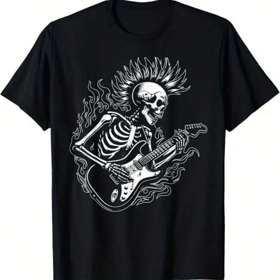Punk Rock Skeleton Electric Guitar Rocker Men T-Shirt Comfortable Top Streetwear Fashion Casual Summer Tee Crew Neck Short Sleeve T-Shirt The Best Gift For Mom, Dad, Friends And Family