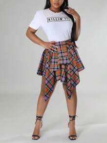 大码嘻哈格子裙 2025 - 女式街头格子裙，可拆卸袖子，多色说唱风格裙，高腰 A 字裙，配腰带 (0X-5X) - 橘色 - 查看 8