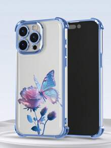 1pc New Rose Butterfly Electroplated Four-Corner Air Cushion Anti-Fall/Thick Transparent TPU Protective Case Compatible With Iphone/16PrMax/16Pro/16/13ProMax/12ProMax11, 15PROMAX, 14PROMAX/Galaxy, SAM/Honor/Note13Pro/S23 Ultra/S24 Ultra/S25/A56 - Baby Blue - View 3