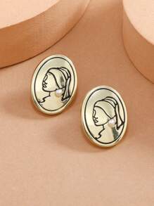 1 Pair Alloy Gold Goddess Head & Pearl Stud Earrings, Minimalist & Fashionable, Suitable For Daily Wear
