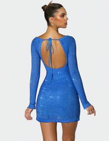 Elegant Hot Drilling Rhinestone Dress Women Sexy Twist V Neck Backless Lace Up Long Sleeve Fall Bodycon Cocktail Dresses Club Party - 藍色 - 查看 2