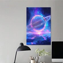 Framed-Futuristic Saturn Canvas Painting - Vibrant Wall Decor For Dining Spaces And Studies,Perfect Gift For Boys Or Girls