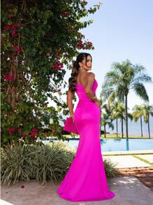 Long Dress Party Bridesmaid Prom Mermaid Sheath Tight Zero Sleeve Elegant Event - 玫紅色 - 查看 3
