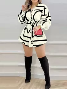 Women's Fashion Floral Print Gathered Waist Ruffle Long Sleeve Shirt Dress, Commuter Style Spring/Summer - 白色字母 - 查看 1