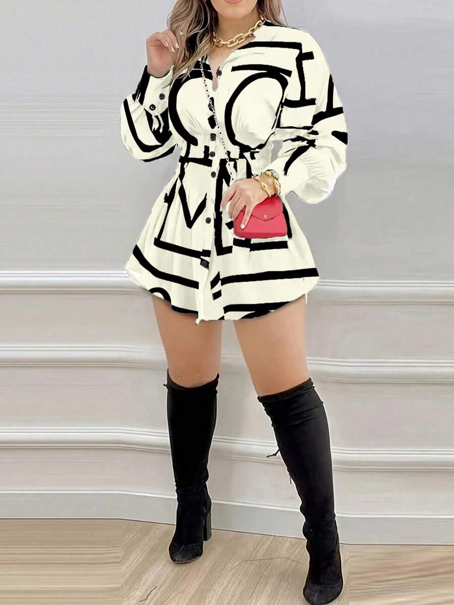 Women's Fashion Floral Print Gathered Waist Ruffle Long Sleeve Shirt Dress, Commuter Style Spring/Summer - 白色字母 - 查看 1