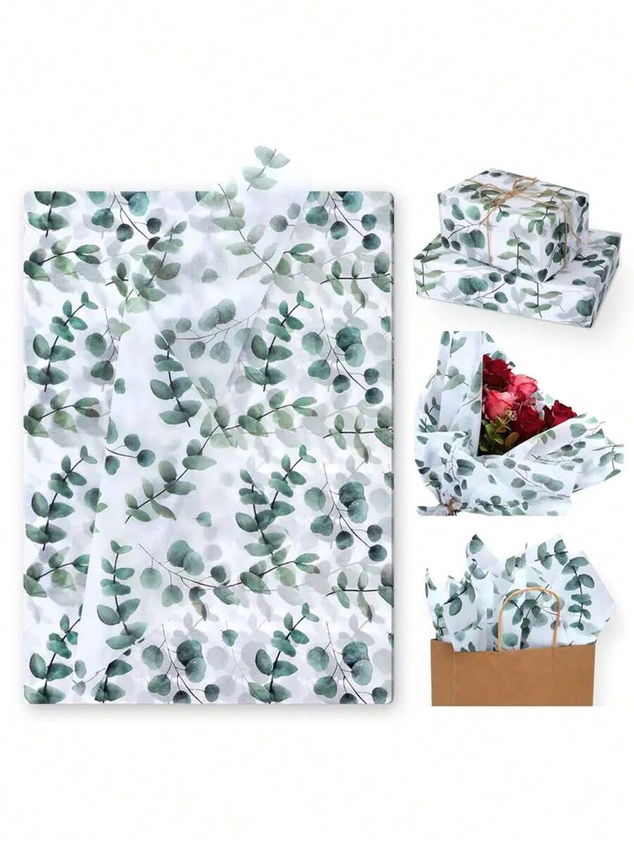 50 tờ/bộ Giấy gói quà họa tiết lá xanh lá cây thanh lịch màu trắng dùng cho tiệc, sinh nhật, đám cưới, trang trí bướm, v.v., Giấy gói quà bên ngoài - Nhiều màu - Xem 1