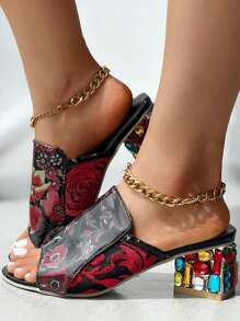 Women's Fabric Embroidery & Gemstone Decor Chunky Heel Slip-On Sandals, Cross Strap Chunky Mid-Heel Shoes, Versatile For Party, Wedding, Vacation, Fashionable Jeweled Formal Dance Shoes