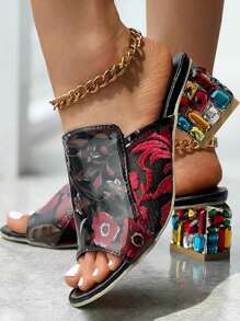 Women's Fabric Embroidery & Gemstone Decor Chunky Heel Slip-On Sandals, Cross Strap Chunky Mid-Heel Shoes, Versatile For Party, Wedding, Vacation, Fashionable Jeweled Formal Dance Shoes