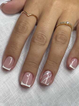 24 piezas de uñas postizas cortas de color blanco francés con líneas de brillo, forma cuadrada, uñas falsas para aplicar, suministros para uñas