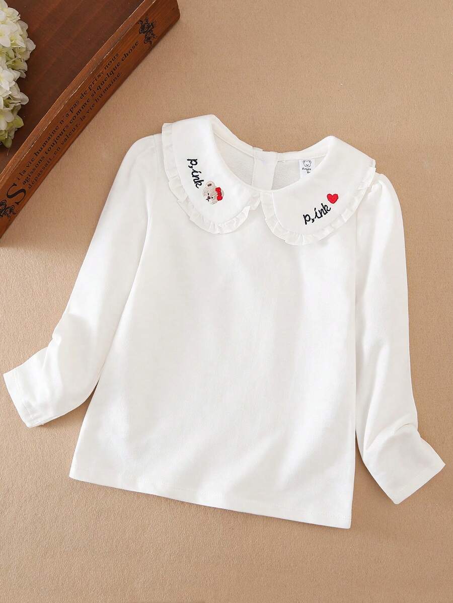 Young Girl's Preppy Style Letter Print Peter Pan Collar Long Sleeve T-Shirt - White - View 1