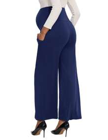 Buttery Soft High Waisted Over The Belly Full Length Wide Leg Maternity Yoga Palazzo Pants - Blue - View 3