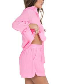 Women Pajama Set, Long Sleeve Button Closure Shirt With Shorts Sleepwear Loungewear - 粉色 - 查看 5