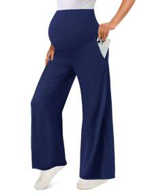 Buttery Soft High Waisted Over The Belly Full Length Wide Leg Maternity Yoga Palazzo Pants - Blue - View 4