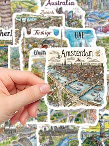 50pcs Handpainted Travel Map Stickers, Cartoon City Style, High-Quality DIY For Phone Case, Waterproof Scrapbooking Stickers,School Supplies,Back To School