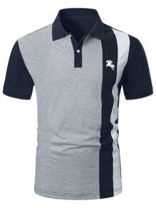 1pc Men's Casual Light Gray & Navy Short Sleeve POLO Shirt