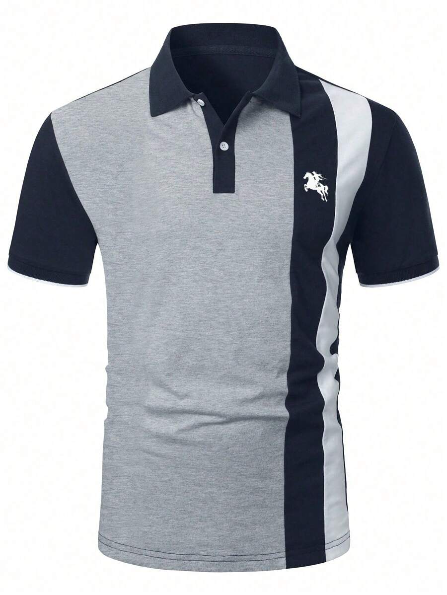 1pc Men's Casual Light Gray & Navy Short Sleeve POLO Shirt