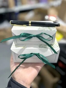 10pcs Leaf Print Gift Box With Ribbon, Paper Candy Box For Wedding