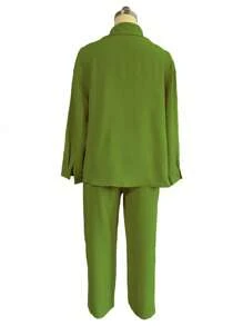 Conjunto de dos piezas de lino y algodón para mujer, camisa de manga larga con botones y pantalón de cintura alta con cordón, traje deportivo informal para mujer - Verde - Ver 7