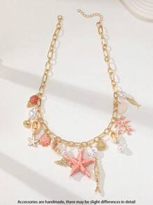 1 件手工制作的海星、贝壳、鱼形吊饰项链、春夏度假海滩项链、海洋生物贝壳、珊瑚、人造珍珠吊饰项链首饰（由于手工制作，颜色和形状略有不同） - 彩色 - 查看 4