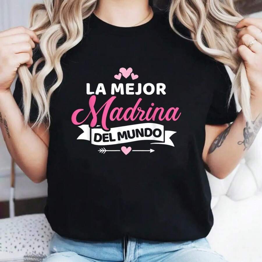100% Cotton La Mejor Madrina Del Mundo T-Shirt Print Round Neck Short Sleeve T-Shirt For Women Casual, Summer, Women Top Graphic Tees Women Tops - 黑色 - 查看 1