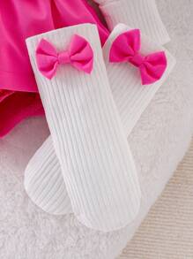 Baby Girl Cherry Embroidery Bow-Knot Decor 2 In 1 Ruffle Bodysuit With Scrunchie, Butterfly Socks 3-Piece Outfit Set - Hot Pink - View 9