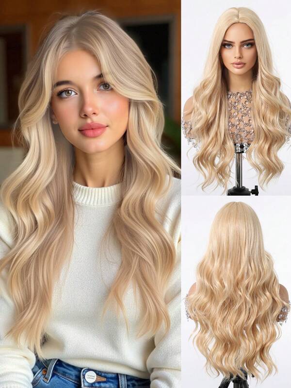 Wygodna wysokiej jakości naturalna wygięta środkowa sekcja kręcone blond 24 "peruka damska syntetyczna tkana peruka z włókien chemicznych idealna do codziennego noszenia święta podróż impreza cosplay halloween peruka świąteczna