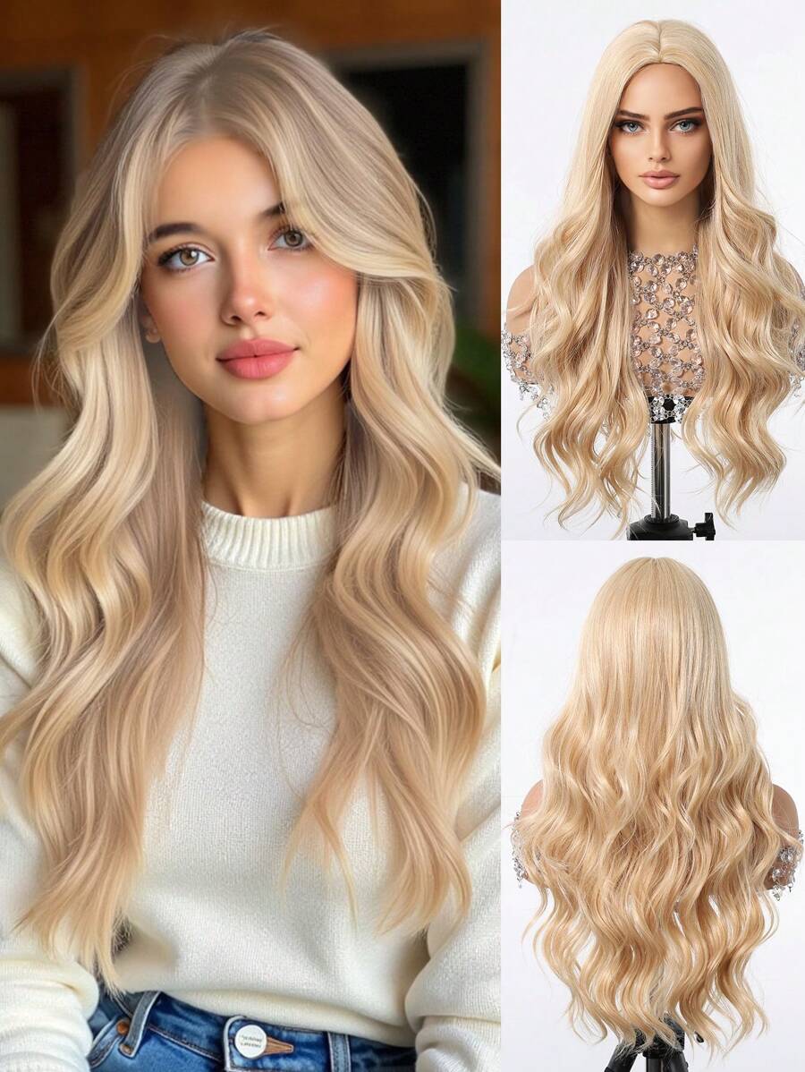 舒适高品质自然弯曲中段卷曲金发 24 英寸女士假发合成编织化学纤维假发非常适合日常佩戴假日旅行派对角色扮演万圣节圣诞节假发 - 金色 - 查看 1