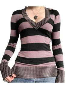 Women Y2k Fairy Grunge Knit Shirt Top Knitted Striped Long Sleeve Crew Neck Button T-Shirts Vintage Pullover Shirt Tees Tops Aesthetic Clothes Knitwear - 棕色 - 查看 2