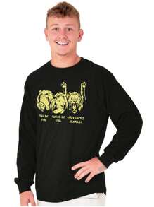 Animal Long Sleeve Graphic Tee Shirt Lion Animal Pun Proverb See No Evil Speak No Evil Listen To Jungle Casual Everyday Cotton Printed Crewneck Tshirt - Black - View 1