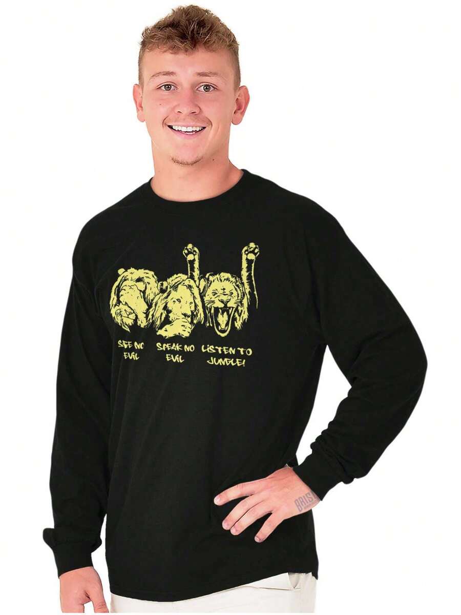 Animal Long Sleeve Graphic Tee Shirt Lion Animal Pun Proverb See No Evil Speak No Evil Listen To Jungle Casual Everyday Cotton Printed Crewneck Tshirt - Black - View 1