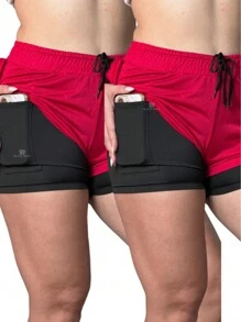 Women's 2 In 1 Shorts Men's Gym Running Workout Shorts With Elastane - Hồng nhiệt đới - Xem 1