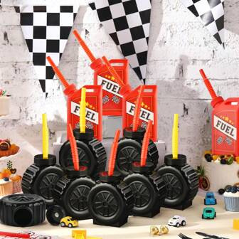 工程车杯套装轮式水杯卡车工程车杯适用于生日派对工程车主题派对装饰带透明吸管，圣诞节