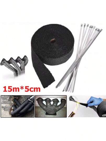 15M Titanium Black Heat Wrap Tape Exhaust Insulating Downpipe Manifold With Ties