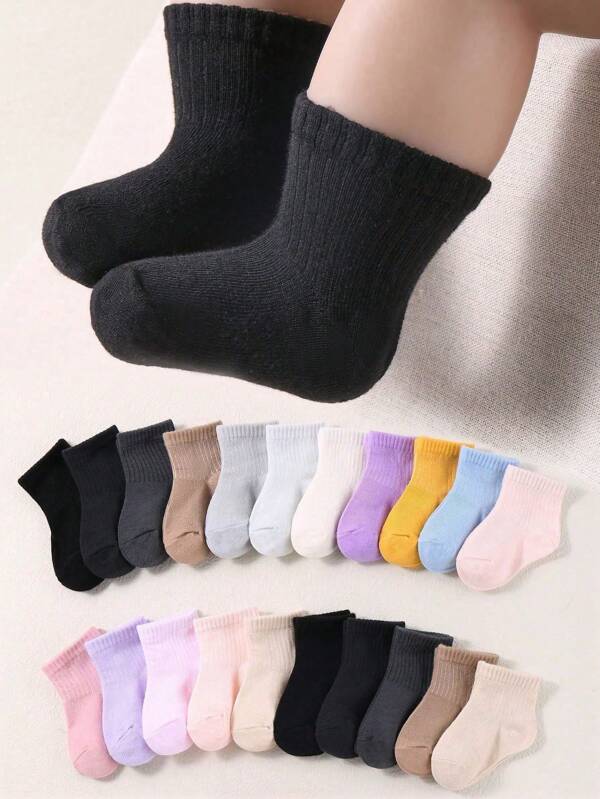 10 pares de meias elásticas curtas de cor sólida para crianças pequenas são macias e versáteis, adequadas para recém-nascidos, bebês, meninos e meninas. Pacote de meias para bebês