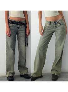 Women Casual Low Rise Jeans Fashion Loose Straight Leg Denim Pants With Pockets For Summer Spring - Baby Blue - View 2