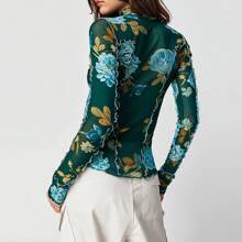 Women's Long Sleeve Mesh Tops See Through Sheer Tee Shirts Mock Neck Floral Print Crop Tops Y2K Layering Top Blouses For Party Club Casual - 綠色 - 查看 2
