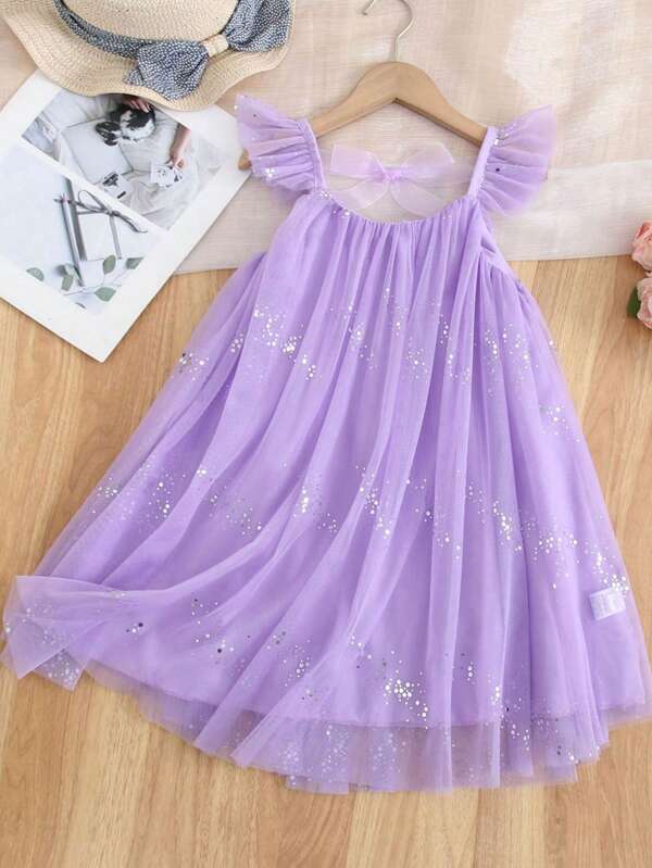 1 pieza Vestido de playa elegante y dulce de niña joven con lazo, lentejuelas y tul, un vestido de princesa ideal como regalo de cumpleaños, para primavera/verano