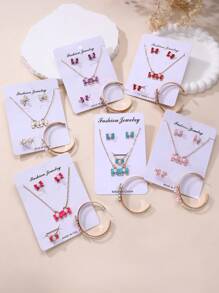 5pcs/Set Elegant Bowknot & Faux Pearl Drop Pendant Jewelry Set, Gift For Girls