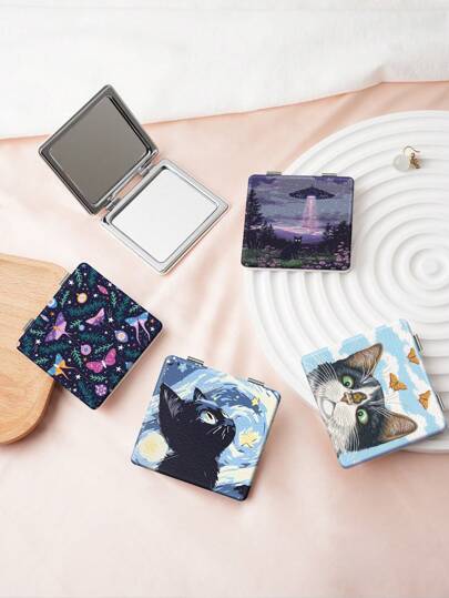 1 pieza Espejo de vanidad portátil de la serie Gato de la Suerte clásico, plegable, ligero, ultra delgado, espejo de mano conveniente, cuero PU duradero, chapado al vacío de metal, adecuado para todos los escenarios y personas, espejo de bolsillo plegable cuadrado, regalos, viajes, artículos baratos, esencial de viaje