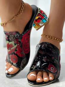 Women's Fabric Embroidery & Gemstone Decor Chunky Heel Slip-On Sandals, Cross Strap Chunky Mid-Heel Shoes, Versatile For Party, Wedding, Vacation, Fashionable Jeweled Formal Dance Shoes