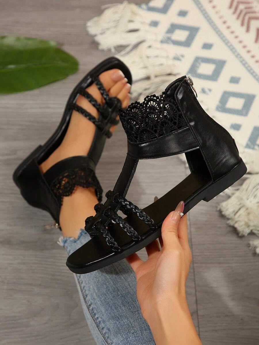 Women Woven Lace Open Toe Back Zipper Roman Sandals, Black Flat Sandals For Spring/Summer - Black - View 1