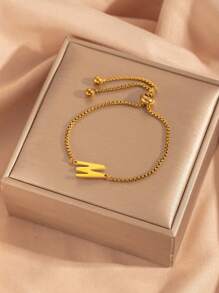 26 pièces Bracelet ajustable avec perles à lettre initiale, bracelets en acier inoxydable de couleur dorée convenant pour le port quotidien des femmes